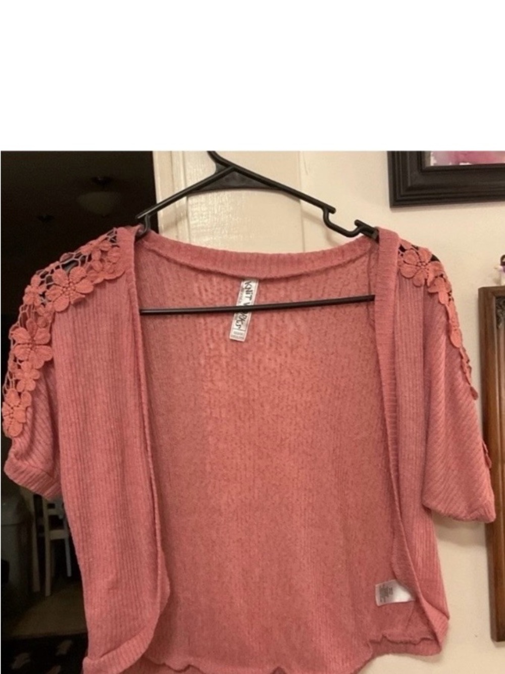 Knitworks Dusty Rose Open-Front Short Sleeve Cardigan with Floral Shoulders